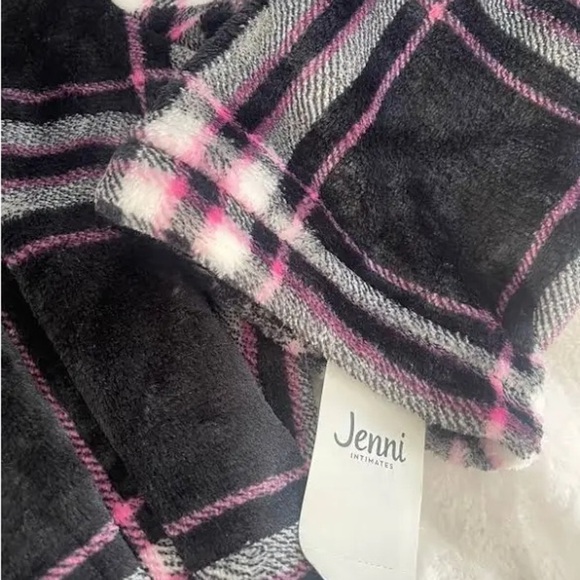 Jenni by Jennifer Moore Short Sherpa Hooded Robe Black/pink/white Plaid Size M/L - Picture 2 of 6